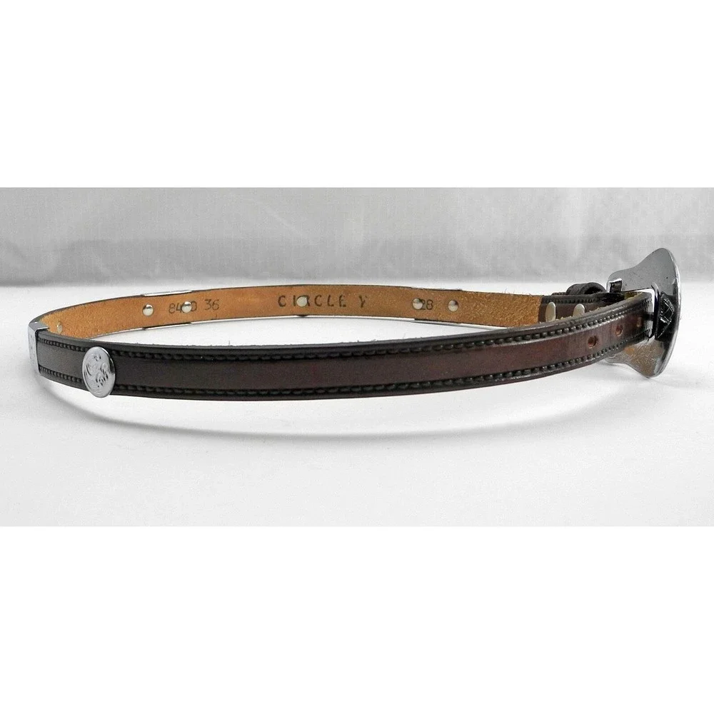 Circle Y Brown Leather Belt Engraved Silver Tone Conchos & Buckle - Size 28